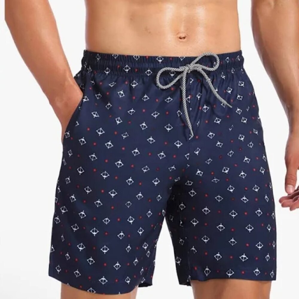 BIWISY MEN'S QUICK DRY SWIM TRUNKS - Navy with Red & White - SIZE 2XL  NWOT